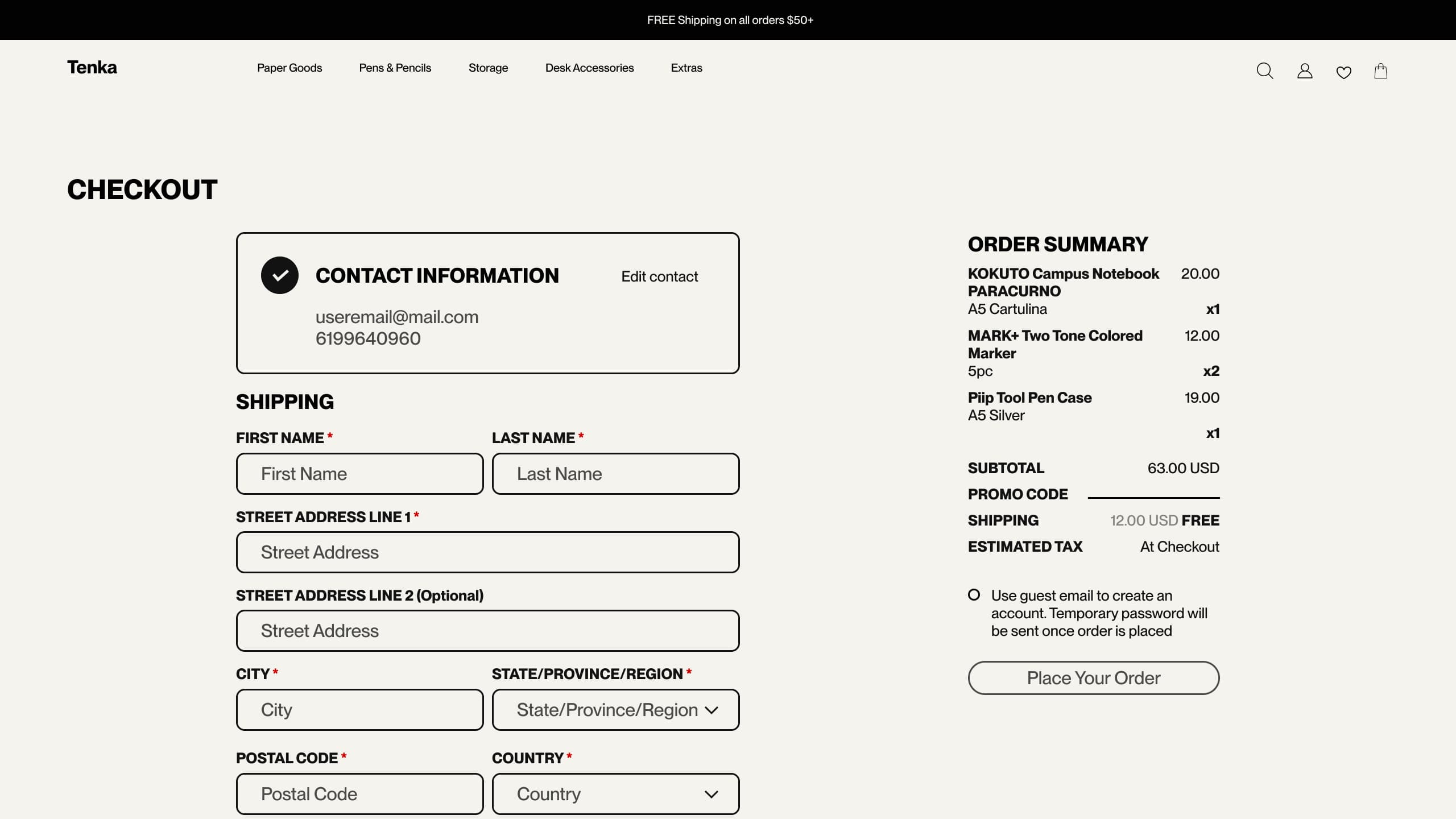 Checkout flow showing contact information and order summary