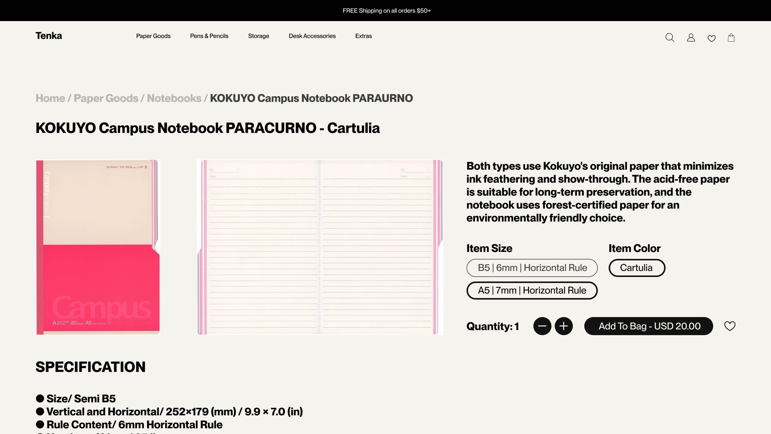 Product detail page showing notebook with specifications